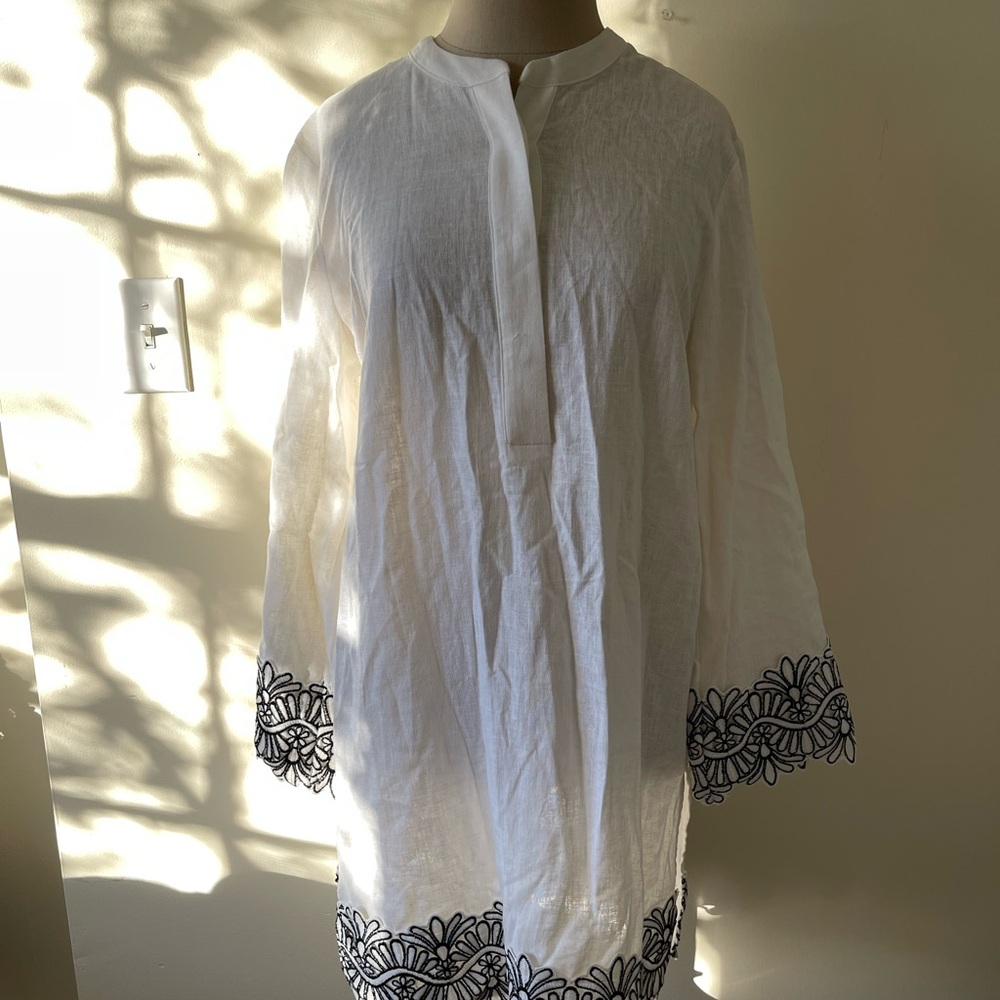 White Linen Button Down Dress with Black Embroidery